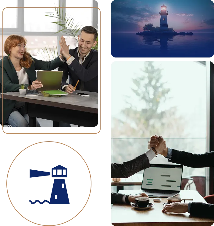 Leaders meeting around a table, and a lighthouse at dusk